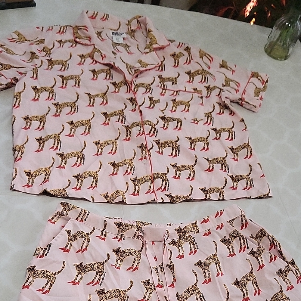 Women Pink Leopard Print Pajama Set with Red Boots